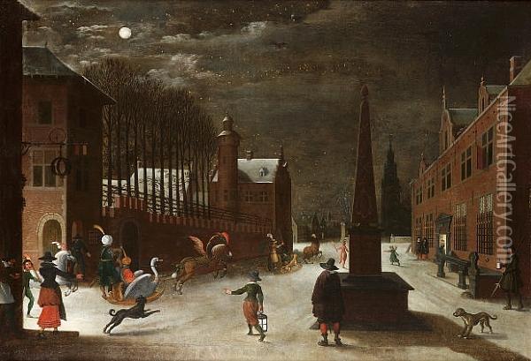A Moonlit Winter Landscape With Figures In Horse-drawn Sledges With Townsfolk Looking On Oil Painting - Sebastien Vrancx