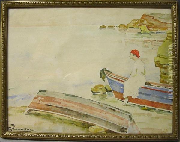Frau Auf Einem Boot Am Ufer Sitzend Oil Painting - Solomon Yacovlevich Kishinevsky