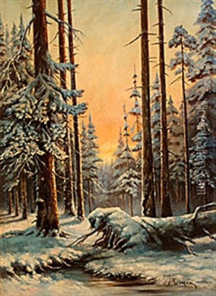 Solnedgang I Vinterlandskap Oil Painting - Aleksei Aleksandrovich Pisemsky