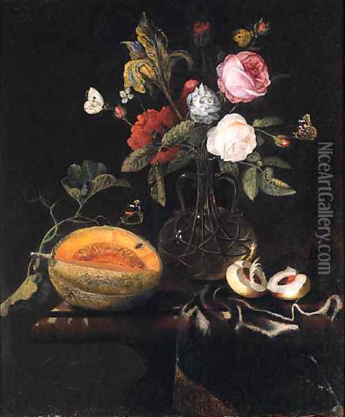 Roses, an iris and other flowers in a glass vase, a melon and a peach with butterflies on a draped marble table Oil Painting - Marten Nellius