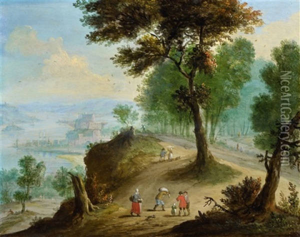 Wooded Landscape With Figures And A River Oil Painting - Jan Frans van Bredael the Elder