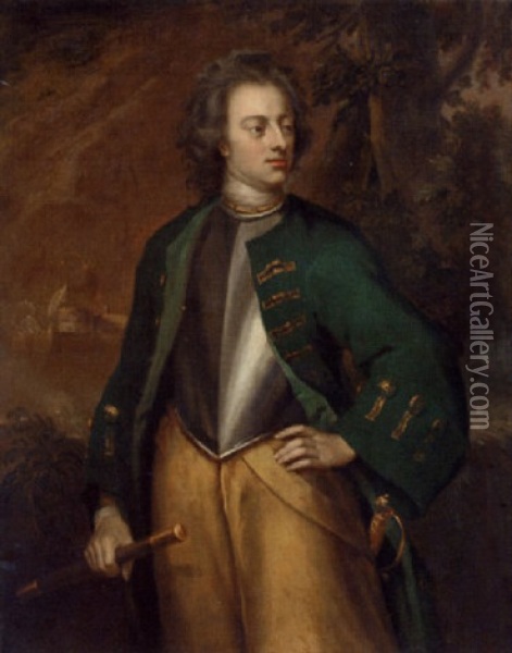 Portrait Of A Gentleman, Standing, In A Green Coat And Breastplate, A Battle Raging Beyond Oil Painting - Jonathan Richardson