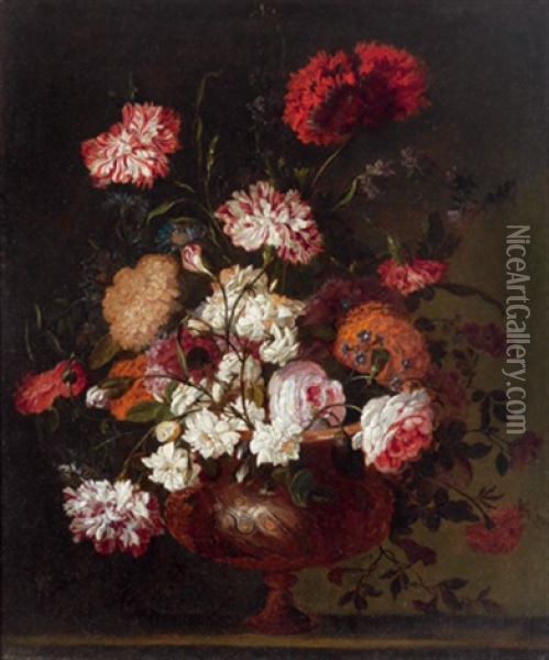 Ein Blumenstrauss Mit Rosen, Nelken Und Anderen Bluten In Einer Prunkvase Oil Painting - Jean-Baptiste Monnoyer