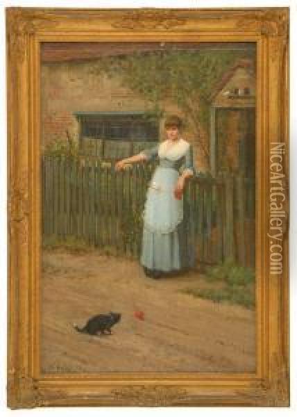 A Woman Playing With A Cat Oil Painting - John Faed