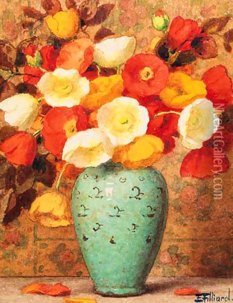 Orange poppies in a turquoise vase Oil Painting - Ernest Filliard