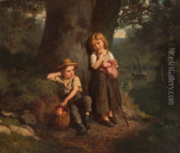 Zwei Kinder Unter Einem Baum Am Waldrand Oil Painting - Johann-Joseph Geisser