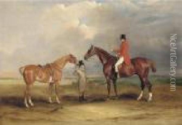 Portrait Of John Drummond On A 
Hunter, With A Groom Holding His Second Horse, In A Landscape, A Hunting
 Party Beyond Oil Painting - John Snr Ferneley