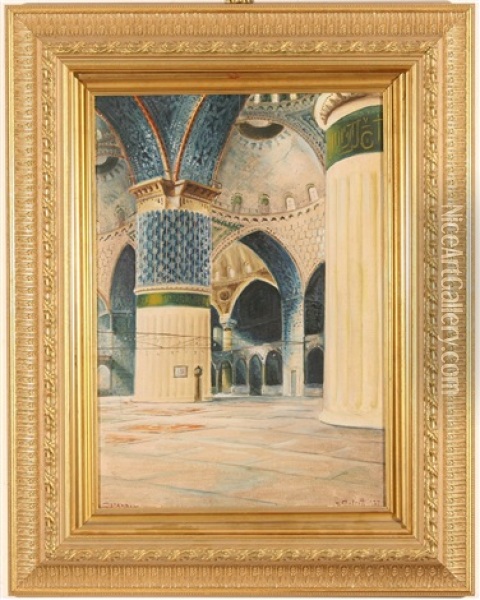 Interior Of The Sultan Ahmed Ii Mosque, Instanbul (+ The Rustem Pacha Mosque; Pair) Oil Painting - Wladimir Petroff