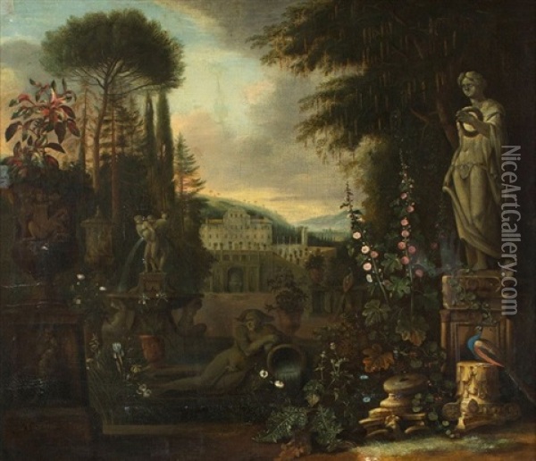 Scene De Parc La Nuit Avec Statues Et Palais Aldobrandini Oil Painting - Matthias Withoos