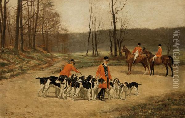 French Hunting Scene Oil Painting - Tristan L. Jules Lacroix