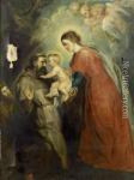 Saint Francois Recevant L'enfant Jesus Des Mains De La Vierge. Oil Painting - Leon Francois Comerre