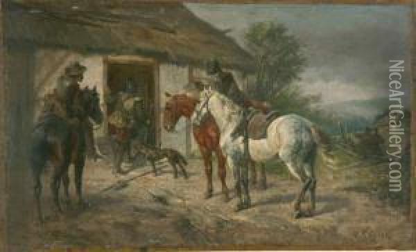 Soldaten Vor Einer Bauernhutte. Oil Painting - Wilhelm Carl Rauber