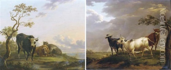 Three Cows Resting In A Wooded Landscape, Sailing Vessels In The Distance (+ Three Bulls In A Stormy Landscape, A Town In The Distance; Pair) Oil Painting - Dionys van Dongen