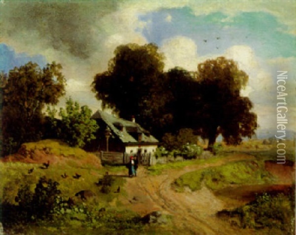Landschaft Mit Einem Bauernhaus Und Figurlicher Staffage Oil Painting - Anton Hlavacek