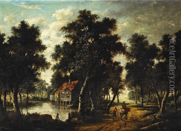 The Watermill Oil Painting - Meindert Hobbema