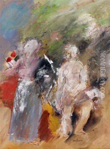 Deux Femmes Au Bouquet Oil Painting - Charles Dufresne