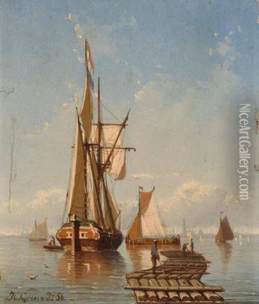 Ships On The Water Oil Painting - Johan Conrad Greive