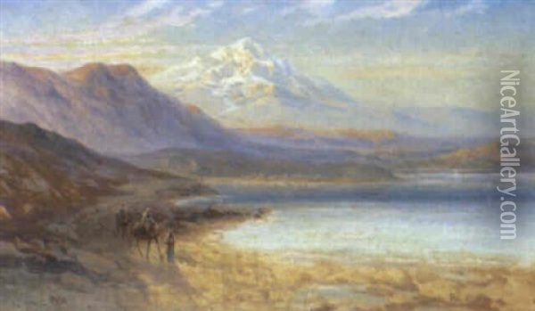Landscape With Lake And Camels By The Shore Oil Painting - Samuel Lawson Booth