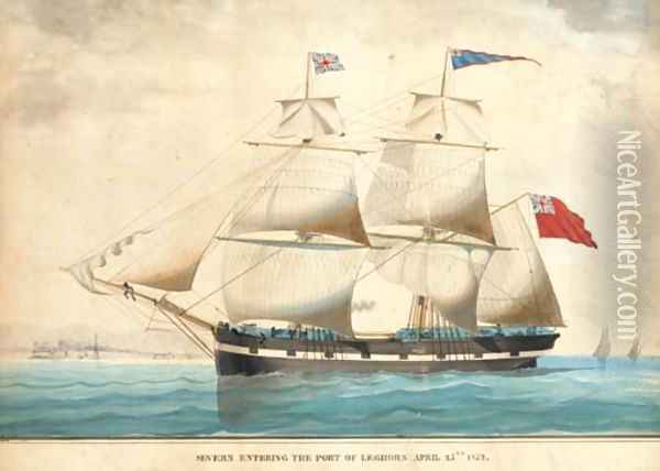 Severn entering the port of Leghorn, April 25th 1852 Oil Painting - Luigi P. Renault