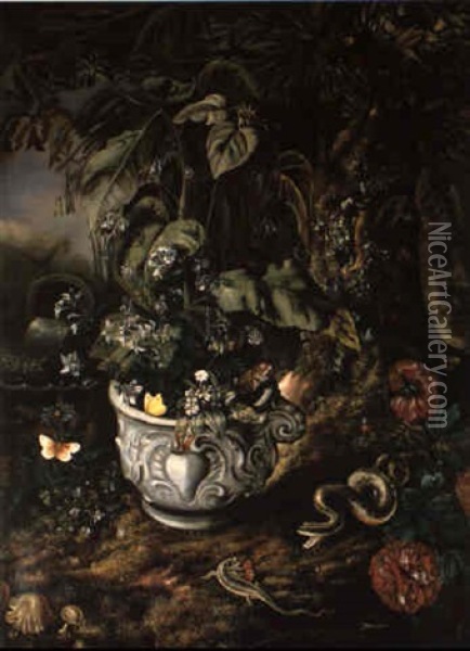 Stilleben Mit Blumen, Pflanzen, Und Reptilien In Einem Waldgrund Oil Painting - Isac Vromans