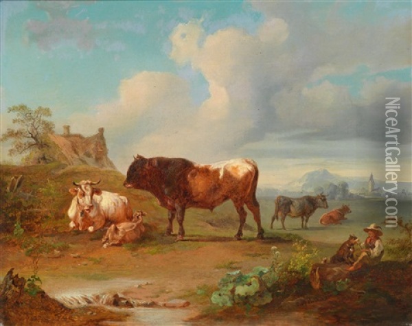Weideszene Mit Einem Stier Und Einem Hutejungen Oil Painting - Joseph Heicke