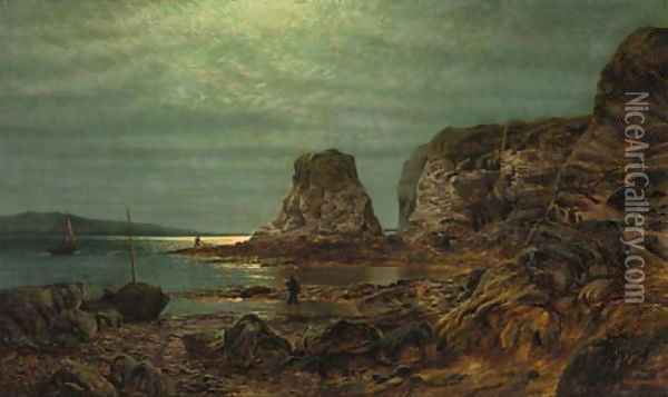 Fishermen in a moonlit coastal landscape Oil Painting - Alfred Augustus Glendening