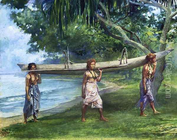 Girls Carrying A Canoe Vaiala In Samoa 1891 Portraits Of Otaota Daughter Of The Preacher And Our Next Neighbor Saikumu The First Girl Is Faaifi Oil Painting - John La Farge