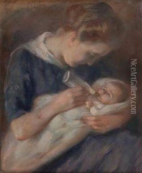 Mutter Saugt Ihr Kind Oil Painting - Erich Hennig