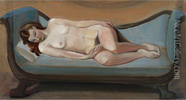 Nude On A Blue Sofa Oil Painting - Sergei Yurievich Soudeikine