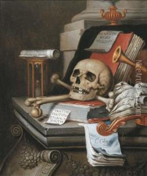 A Vanitas Still Life With An 
Hour Glass, A Skull And Crossbones, Ascroll, Two Books, Music Scores, A 
Flute, A Violin, A Sheet Ofpaper Inscribed 'memento Mori ...', An 
Incense Burner, Anothersheet Of Paper Inscribed 'vanitas Vanitatum 
Etomnia Vanit Oil Painting - Edwart Collier