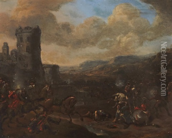 A Battle Scene With A Castellated Tower Beyond Oil Painting - Pieter Wouwerman