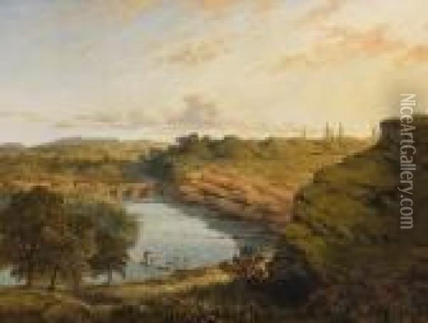 Fisherman On The River In An Extensive Landscape Oil Painting - Edmund John Niemann, Snr.