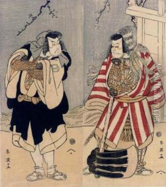 Sakata Hangoro Iii (left) And An Actor Of The Ichikawa Lineage Oil Painting - Katsukawa Shunei