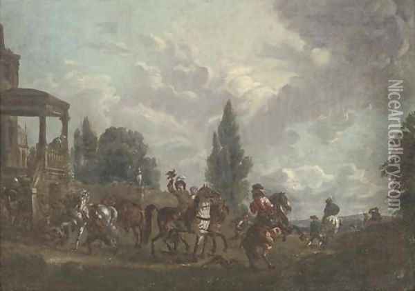 A hunting party setting out from a country estate Oil Painting - Carel van Falens or Valens