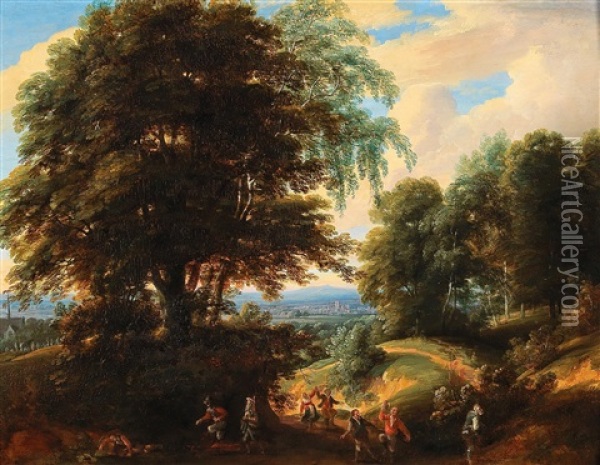 A Wooded Landscape With Villagers Celebrating Oil Painting - Jacques d' Arthois