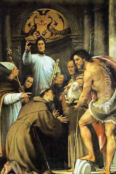 San Lorenzo Giustiniani and Two Turquoise Friars with Saints 1532-34 Oil Painting - (Giovanni Antonio de' Sacchis) Pordenone