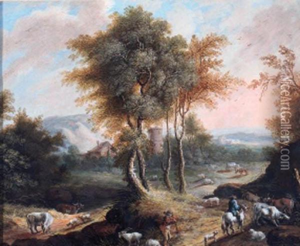 A Drover And Horsemen With Cattle And Sheep On A Wooded Track; Andtravellers With Cattle And Sheep In A Wooded River Landscape Oil Painting - Jakob Christian Seng