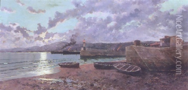 Atardecer En Un Puerto De Cantabria Oil Painting - Juan Martinez Abades