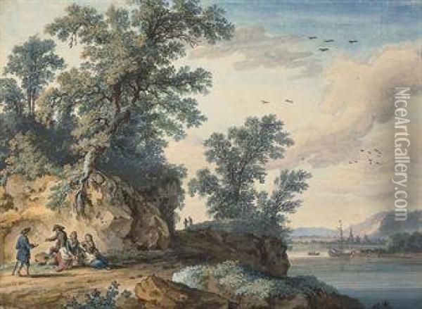 Travellers Resting Beside A River, With A Town, Possibly Rouen,beyond Oil Painting - Jacob Philipp Hackert