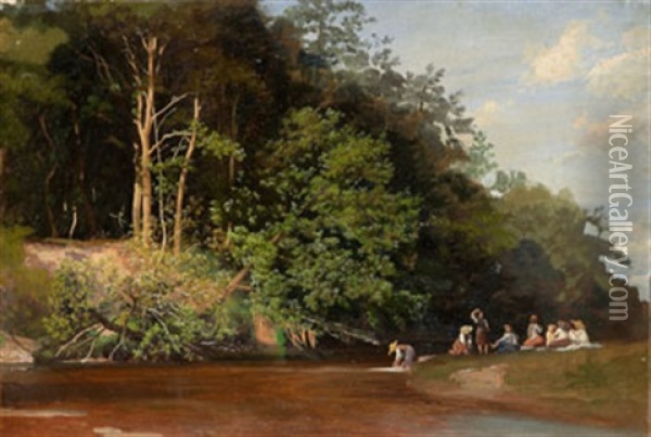 Flodlandskap Med Vilande Sallskap Oil Painting - Johann Wilhelm Schirmer