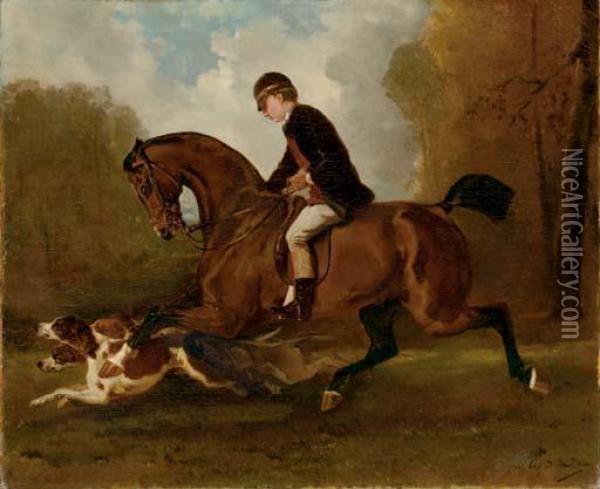 A Young Boy On Horseback With Hounds In A Forest Oil Painting - Alfred De Dreux