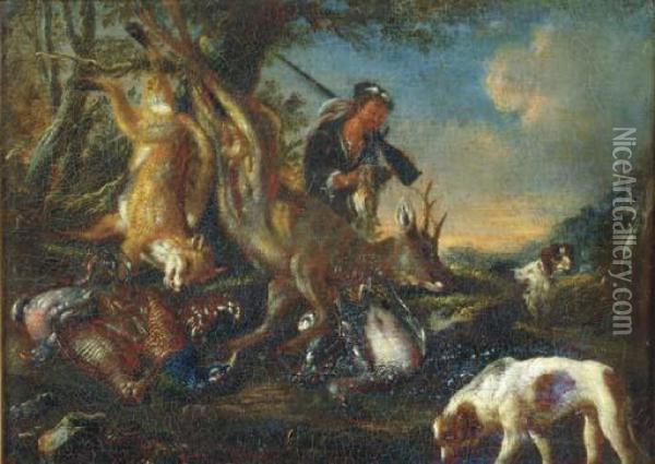 A Hunter With Game And Dogs In A Landscape Oil Painting - Adriaen de Gryef