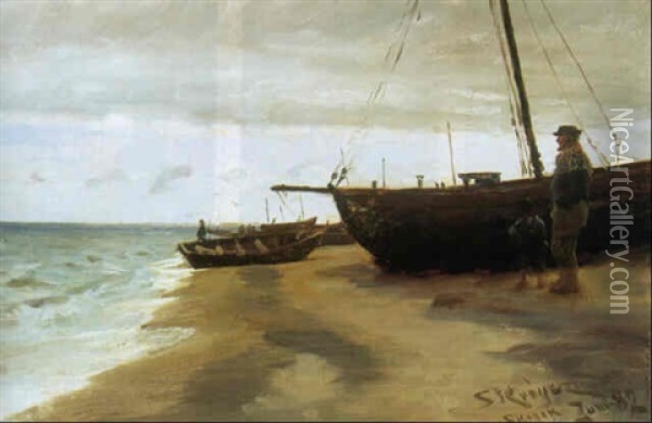 Kystparti Med Fiskerbade Og Fiskere Pa Skagen Strand Oil Painting - Peder Severin Kroyer