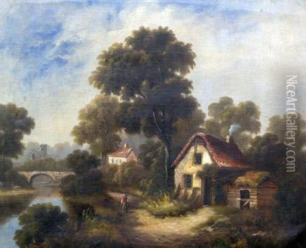 Attributed To Rev. Robert 
Woodley Brown , Cottage Ina Landscape With A Church In The Distance Oil Painting - Robert, Reverend Woodley-Brown
