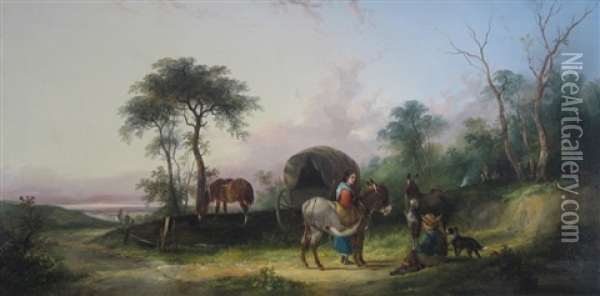 Gypsies In An Open Landscape Oil Painting - Charles Shayer