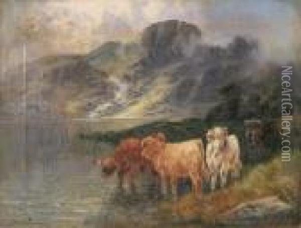 Highland Cattle By A Loch - Signed Oil Painting - William Langley