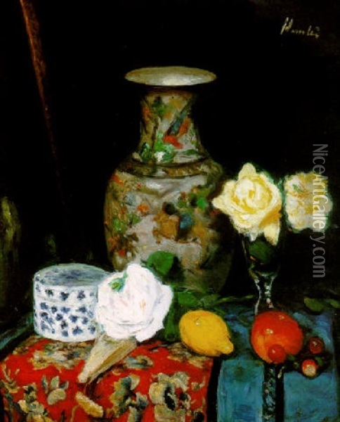 Still Life With An Oriental Vase And Roses Oil Painting - George Leslie Hunter