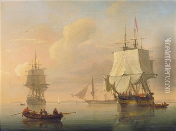 Frigates And Other Vessels Anchored Off A Coastline Oil Painting - Joseph Walter