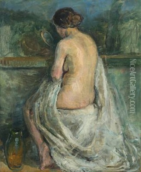 Female Nude Holding A Mirror Oil Painting - Mogens Gad
