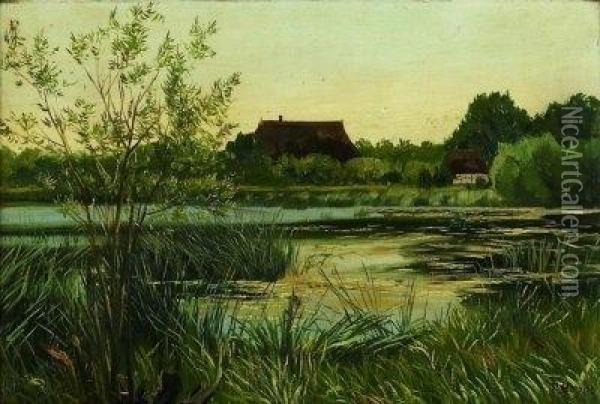 Fachwerkkaten In Sommerlicher Seenlandschaft Bei Heikendorf Oil Painting - Ferdinand Hoppe
